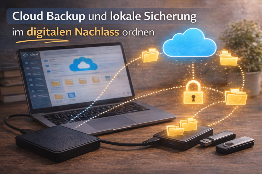Cloud Backup und lokale Sicherung im digitalen Nachlass mit Laptop, Cloud Symbol und externen Speichermedien