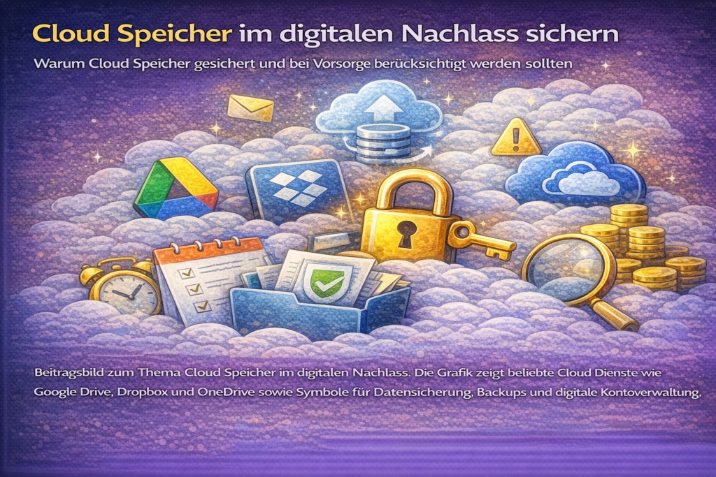 Cloud Speicher im digitalen Nachlass mit Diensten wie Google Drive, Dropbox und OneDrive sowie Symbolen für Datensicherung und Zugriff