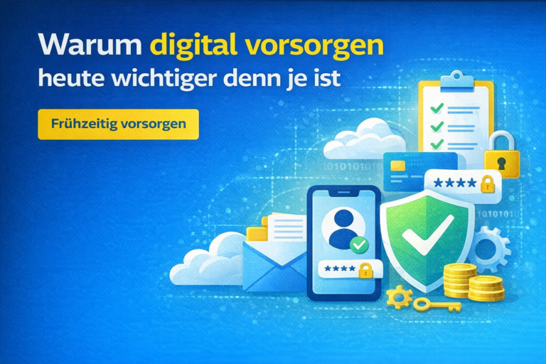 Grafik zeigt warum digitale Vorsorge wichtig ist mit Symbolen für Passwortschutz, Onlinekonten, Cloudspeicher und digitale Dokumente