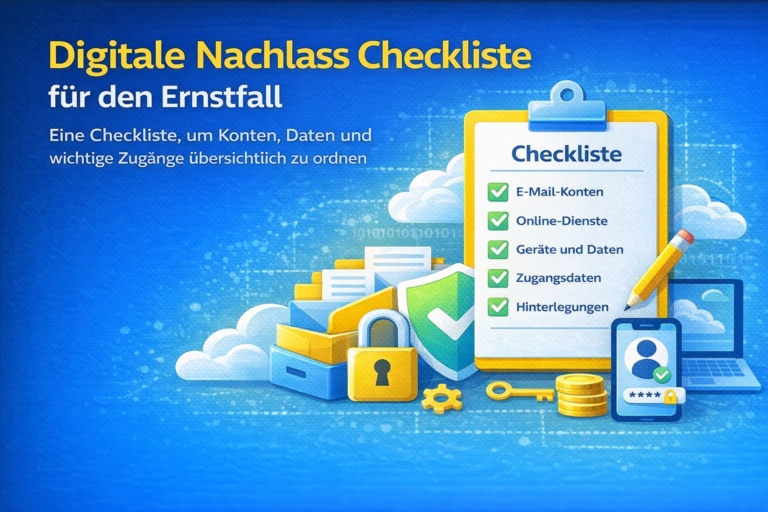 Digitale Nachlass Checkliste mit Symbolen für E-Mail Konten, Online Dienste, Geräte, Zugangsdaten und sichere Hinterlegung