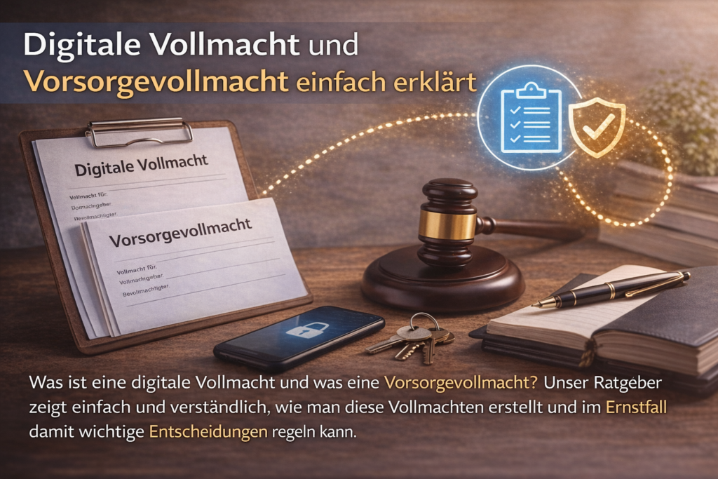 Digitale Vollmacht und Vorsorgevollmacht mit Dokumenten, Smartphone, Schlüssel und Symbolen für rechtliche Absicherung