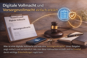 Digitale Vollmacht und Vorsorgevollmacht mit Dokumenten, Smartphone, Schlüssel und Symbolen für rechtliche Absicherung