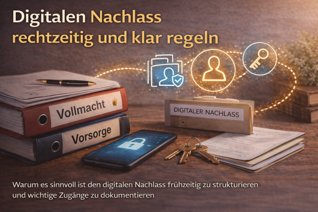 Digitalen Nachlass rechtzeitig und klar regeln mit Dokumenten, Smartphone und Symbolen für digitale Konten und Vorsorge