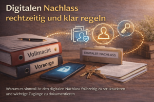 Digitalen Nachlass rechtzeitig und klar regeln mit Dokumenten, Smartphone und Symbolen für digitale Konten und Vorsorge