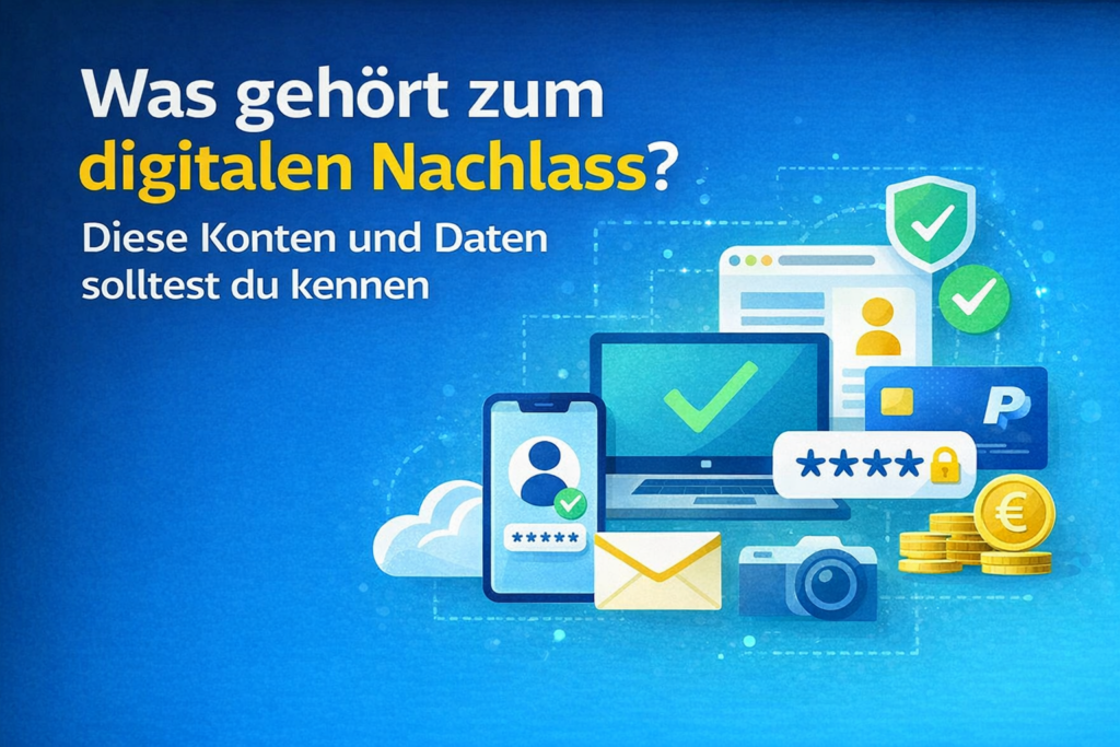 Infografik zeigt welche Konten und Daten zum digitalen Nachlass gehoeren wie E-Mail Konten, Online Banking, Cloud Speicher und Smartphones