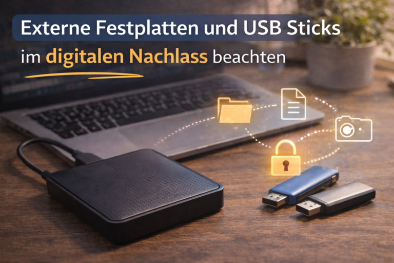 Externe Festplatten und USB Sticks im digitalen Nachlass mit Datensicherung, Dokumenten und Fotos auf externen Speichermedien