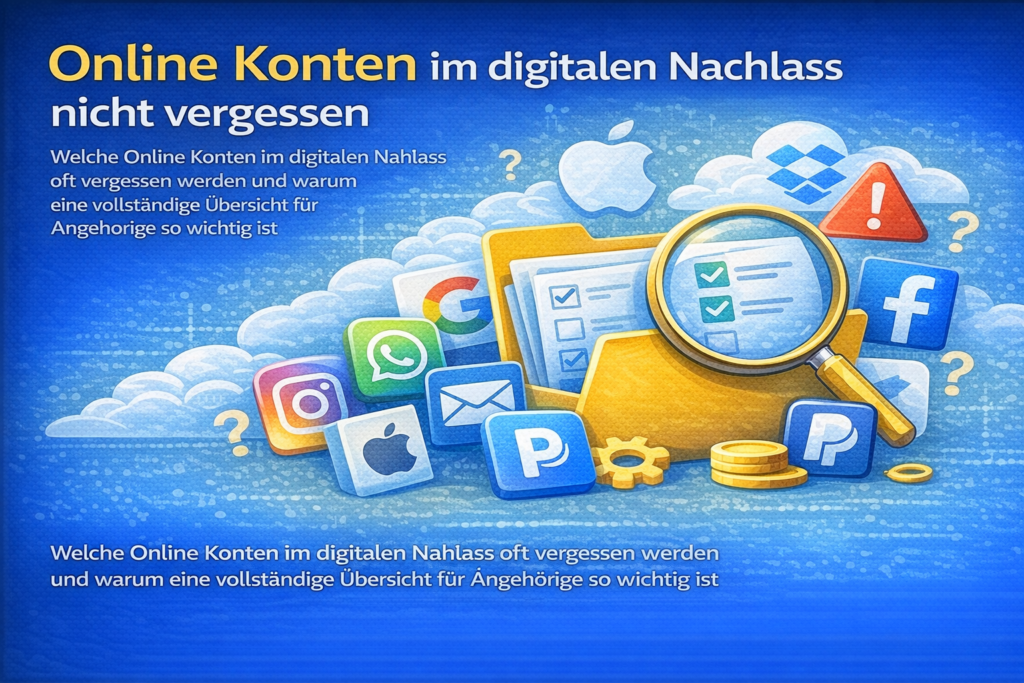 Übersicht wichtiger Online Konten im digitalen Nachlass wie E-Mail, Social Media, Cloud Dienste und Zahlungsdienste