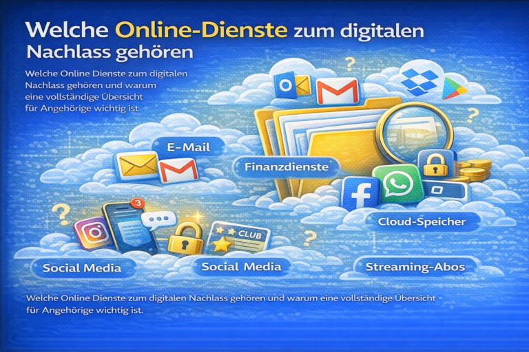 Übersicht wichtiger Online Dienste zum digitalen Nachlass wie E-Mail, Cloud Speicher, Social Media, Finanzdienste und Streaming Abos