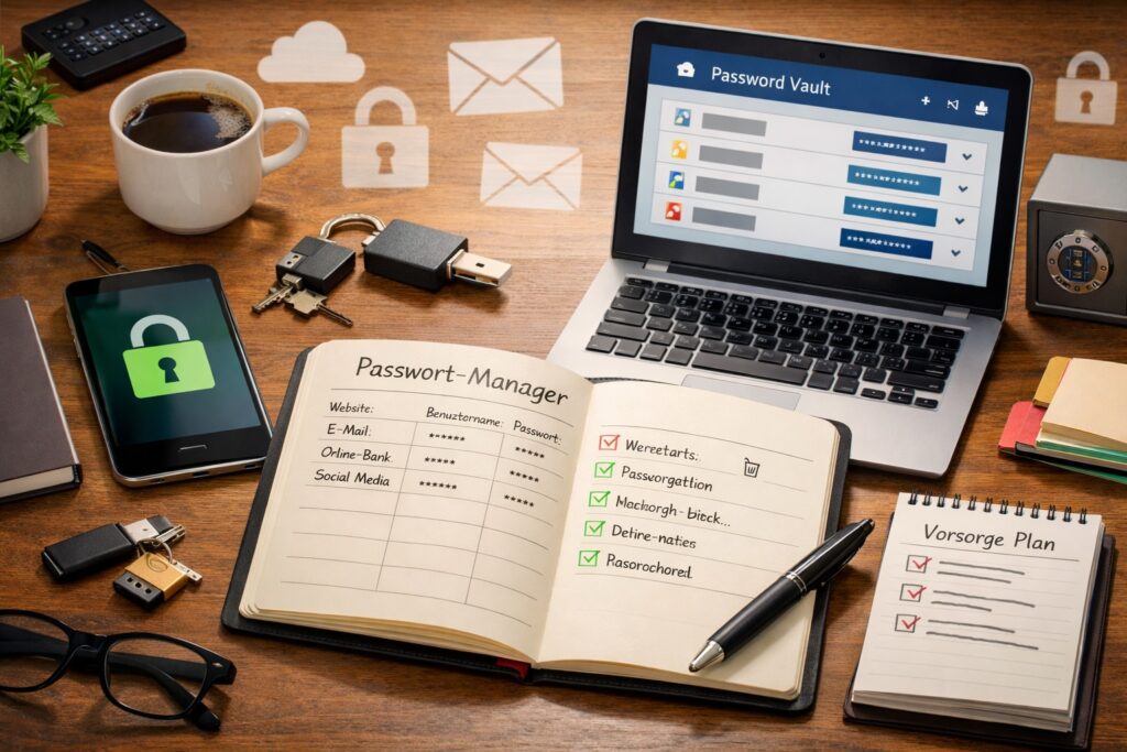 Passwörter digitaler Nachlass mit Passwortmanager, Zugangsdaten und sicherer Vorsorge für wichtige Online-Konten