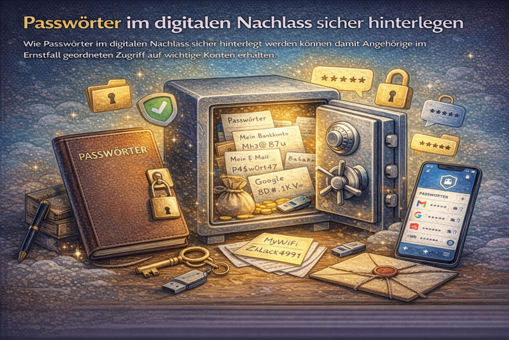 Passwörter im digitalen Nachlass sicher hinterlegen mit Tresor, Passwortliste, Smartphone und geschütztem Zugriff auf wichtige Konten
