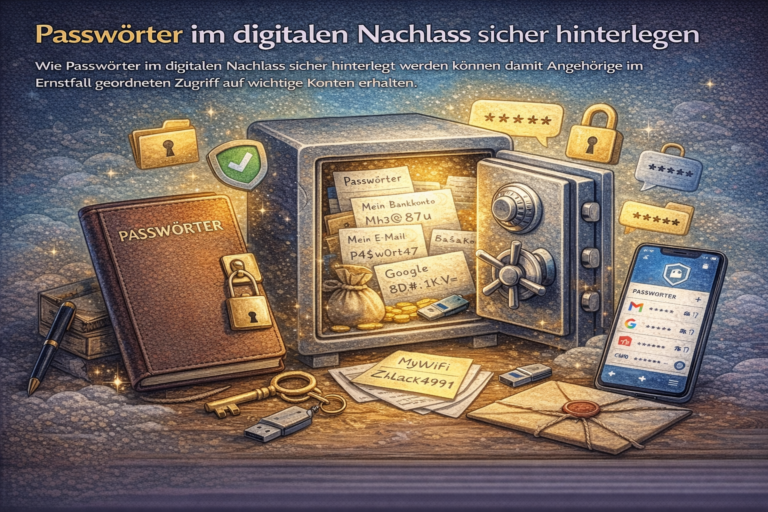 Passwörter im digitalen Nachlass sicher hinterlegen mit Tresor, Passwortliste, Smartphone und geschütztem Zugriff auf wichtige Konten