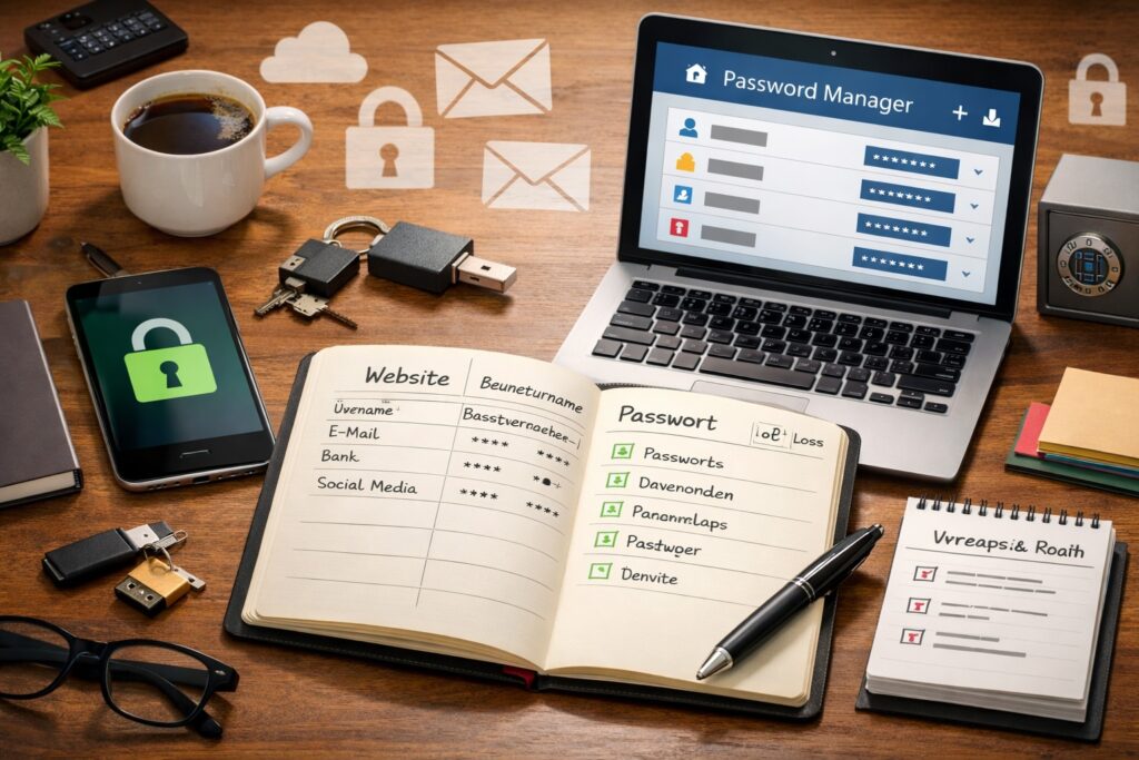 Passwortmanager digitaler Nachlass mit sicher verwalteten Zugangsdaten und Online-Konten
