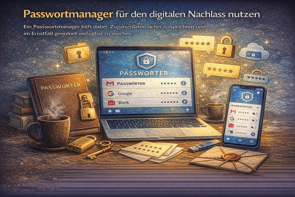 Passwortmanager für den digitalen Nachlass mit Laptop, Smartphone und sicherer Verwaltung von Zugangsdaten