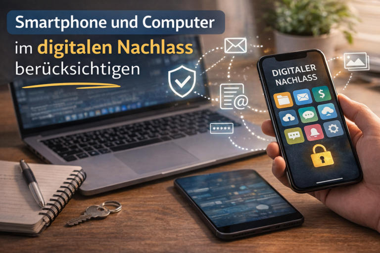 Smartphone und Computer im digitalen Nachlass mit Symbolen für E-Mail, Cloud, Konten und sichere Zugänge