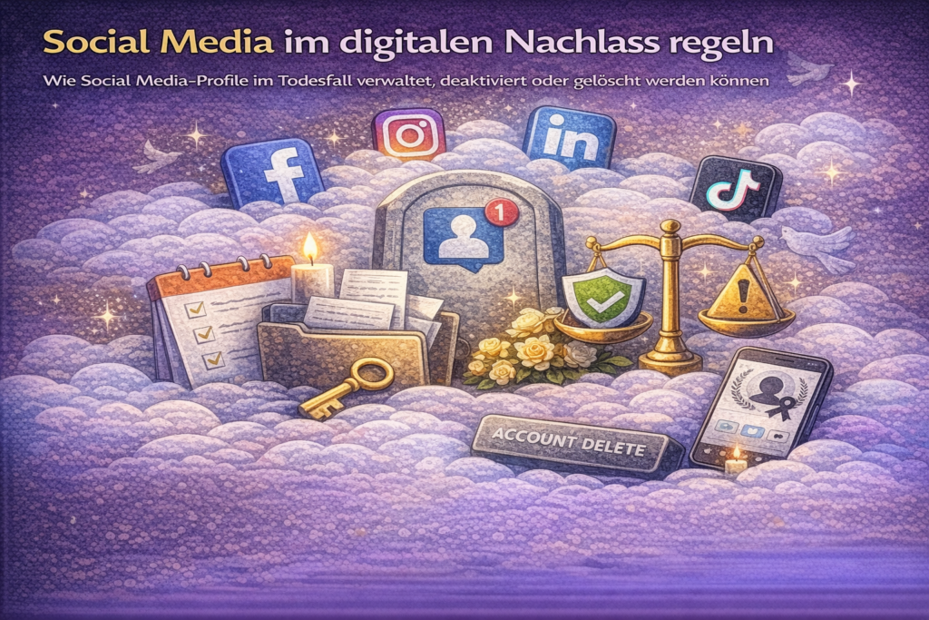 Social Media im digitalen Nachlass mit Symbolen für Facebook, Instagram und LinkedIn sowie Optionen zum Verwalten oder Löschen von Profilen