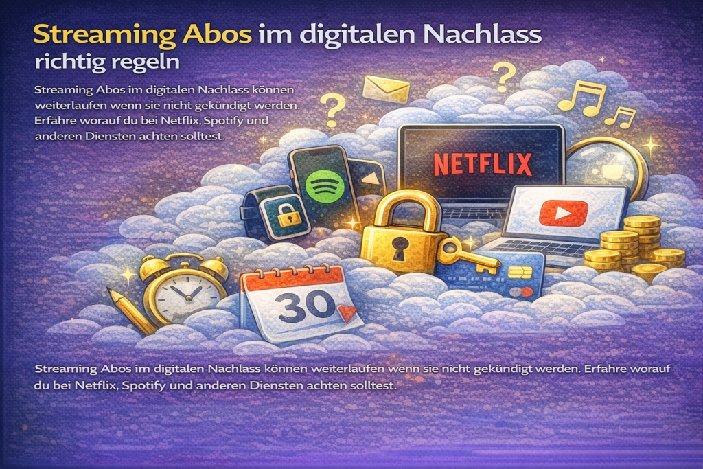 Streaming Abos im digitalen Nachlass mit Diensten wie Netflix, Spotify und YouTube sowie Hinweisen zu Kündigung und Verwaltung