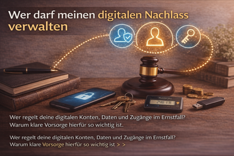 Wer darf meinen digitalen Nachlass verwalten mit Symbolen für Vollmacht, Zugriff auf Konten und rechtliche Verantwortung