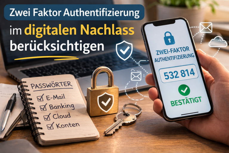 Zwei Faktor Authentifizierung im digitalen Nachlass mit Smartphone, Sicherheitscode und Symbolen für sicheren Zugriff auf digitale Konten